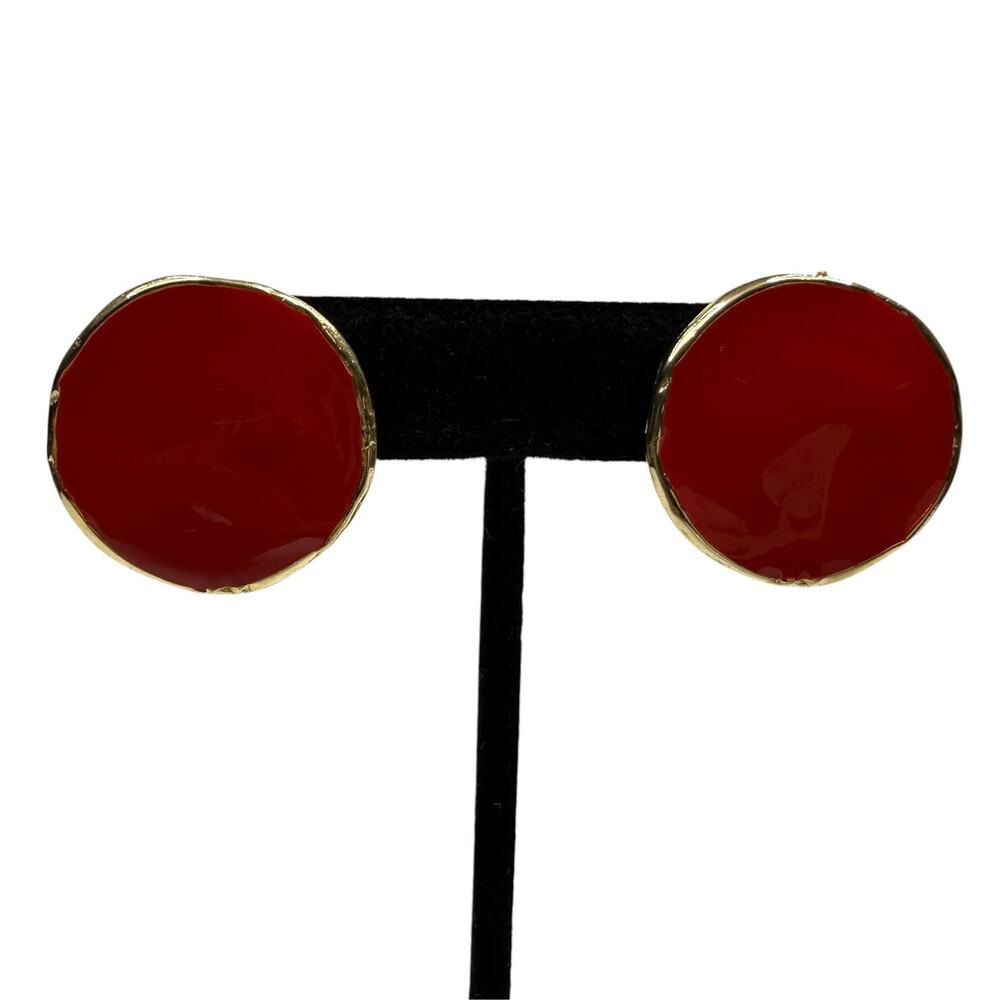 Vintage Red Enamel Gold Tone Round Disc Stud Earrings Retro Fashion Jewelry 1in
